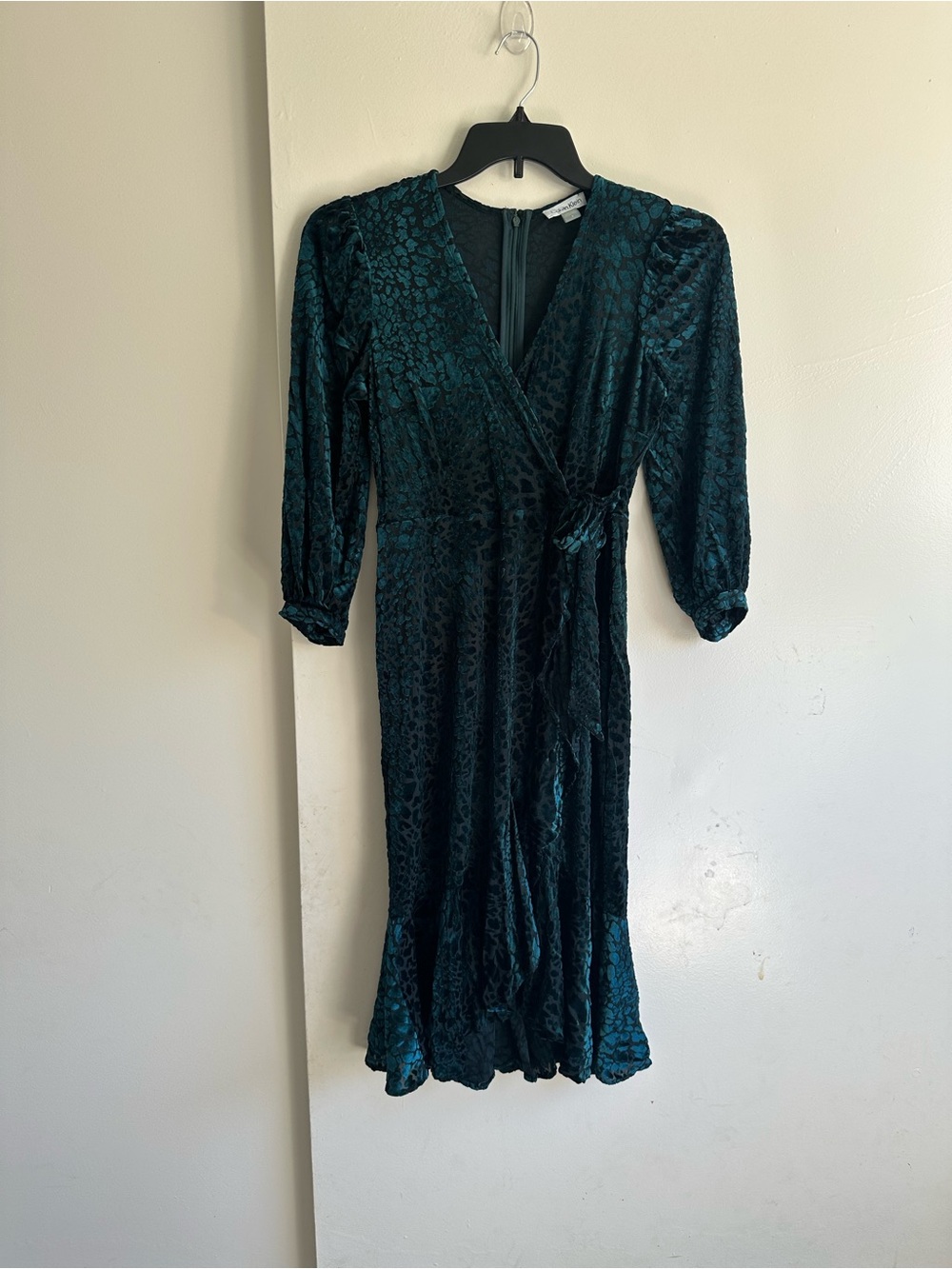 Calvin Klein Dark Teal Wrap Velvet Midi Dress Faux Wrap 314 Sleeves